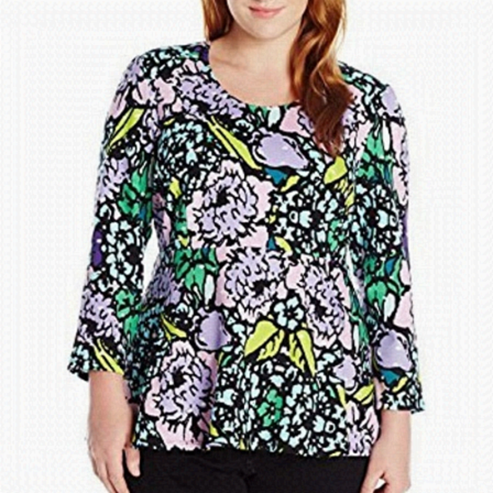 NEW Melissa McCarthy Seven7 Purple & Teal Floral Preppy Flirty Peplum Flare Top